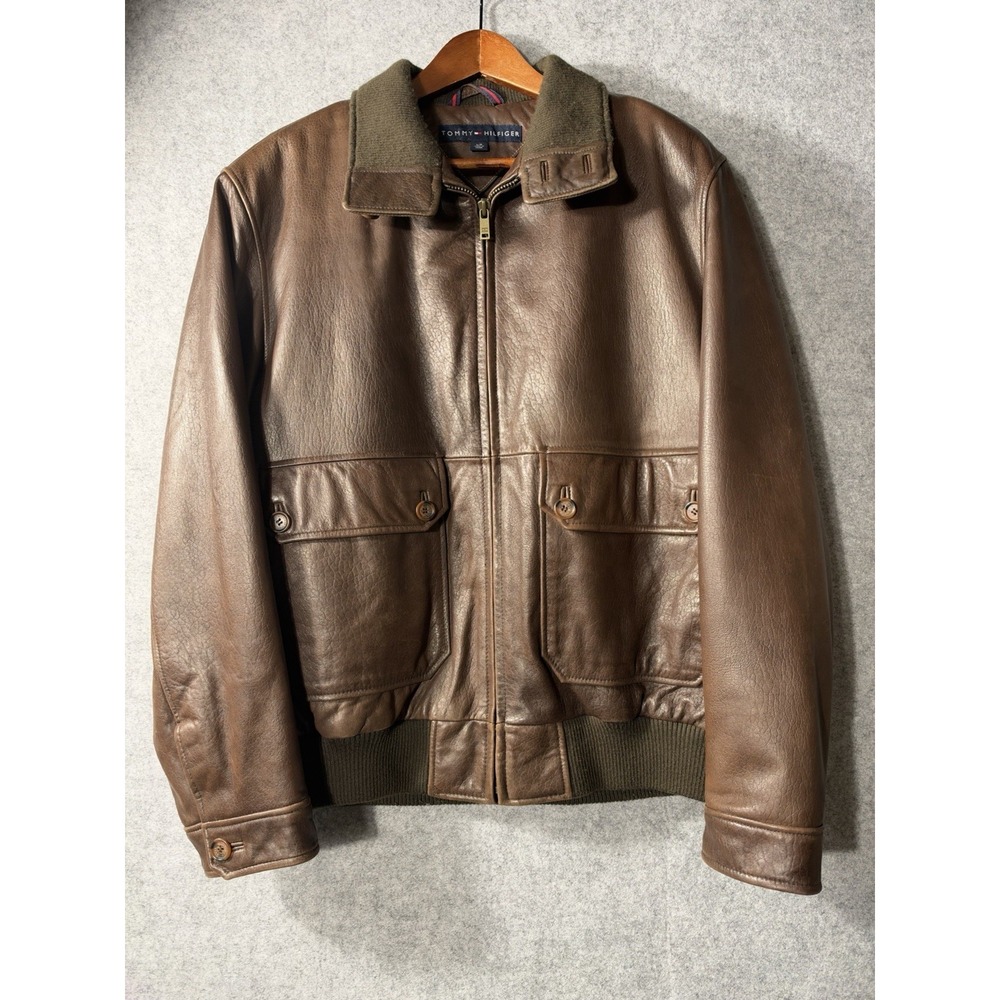 Vintage Tommy Hilfiger Brown Genuine Leather Bomber Jacket Mens L Rib Knit 90s
